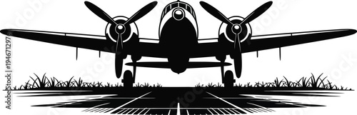Vintage twin-engine airplane on a runway with grassy field silhouette
