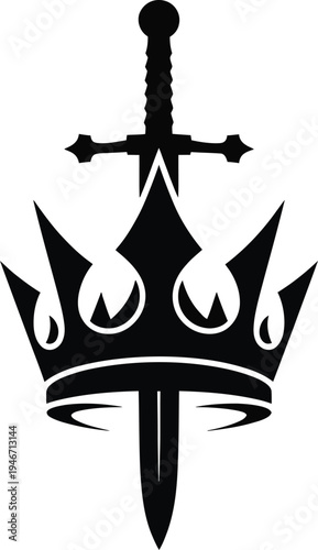 Black silhouette of a crown with a sword through it on white background royalty power symbol
