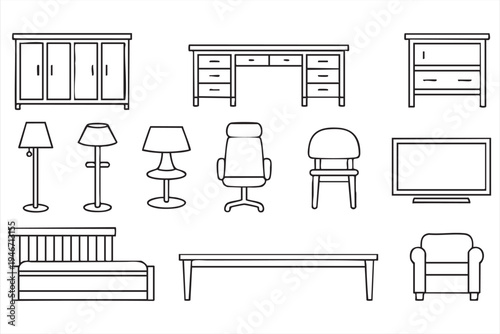 Interior furniture outline icons featuring desk chair cabinet wardrobe bed lamp television symbols for UI dashboards ecommerce furniture stores and design templates