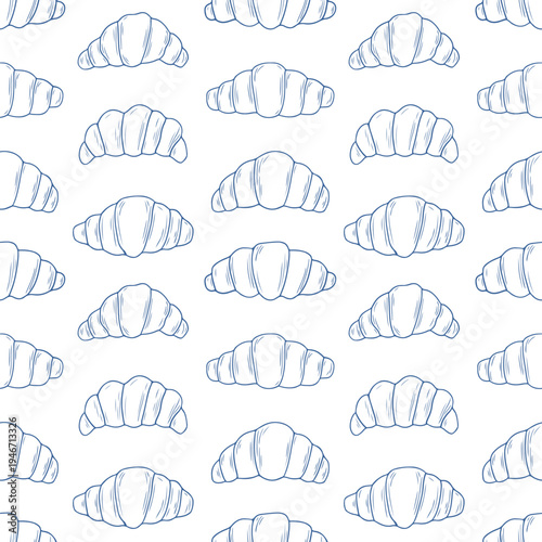 Minimalist seamless pattern with various shapes of french croissants. Blue line art vector background for bakery menu, cafe branding, kitchen textile, pastry packaging. Classic food ornament