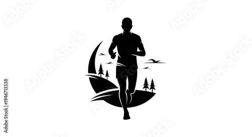 Silhouette of a male runner in motion against a crescent moon landscape.