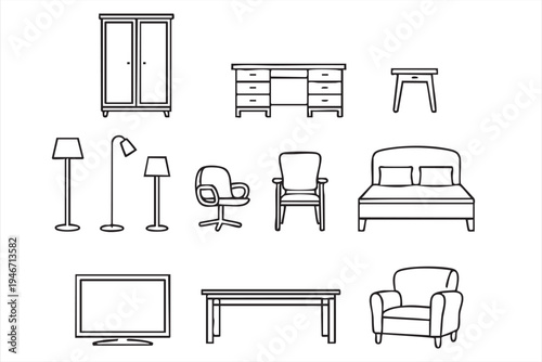 Minimal furniture line icons with wardrobe desk chair bed lamp television and table symbols for interior design dashboards web apps ecommerce furniture shops and catalogs