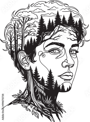 Abstract portrait of man with intricate tree branches and forest growing within head and body spiritual connection with nature and earth elements
