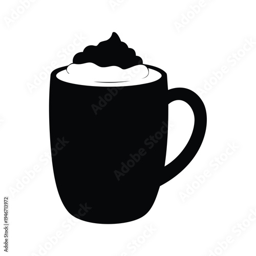 Silhouette of a cup of coffee whipped cream and chocolate topping, vector illustration, hot chocolate mug silhouette vector illustration