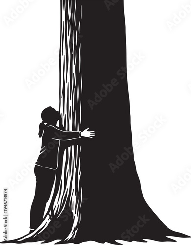 Woman hugging large tree trunk silhouette vector illustration representing environmental conservation nature love and deep connection to earth forest