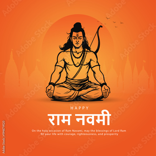 Happy Ram Navami Greeting Card with Meditating Lord Rama design with  Illustration, festival of India and Creative vector illustration design of lord Rama