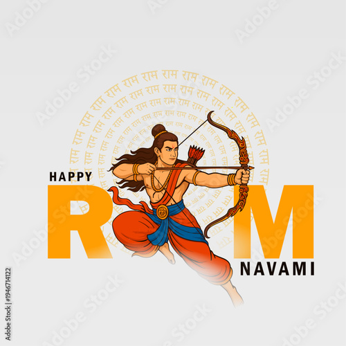 Happy Ram navami festival of India. Creative vector illustration design of lord Rama Happy Ram Navami Detailed Color Illustration with Lord Rama Archer and "RAM" Text Poster Design on Grey Background