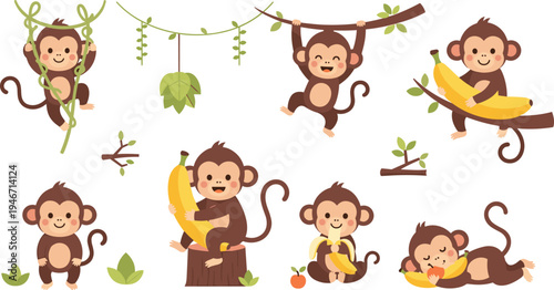 Cute cartoon monkey set swinging on jungle vines and eating bananas, playful tropical animal characters vector illustration collection