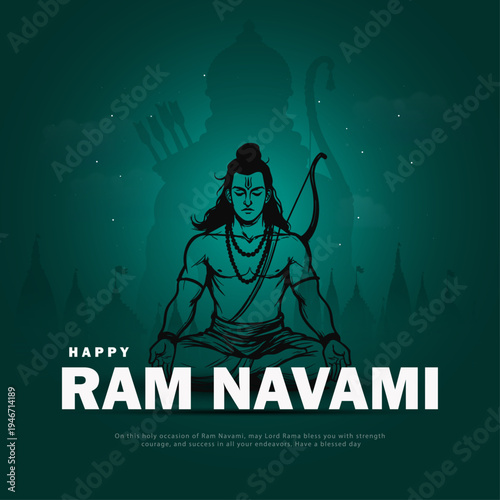 Happy Ram Navami Greeting Card with Meditating Lord Rama design with Illustration, Spiritual Green Background, and Ayodhya Temple Silhouette