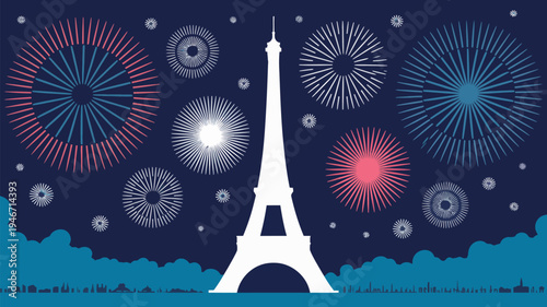 The Eiffel Tower stands tall amidst a vibrant display of fireworks in the night sky
