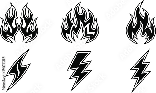 Silhouette Fire flames and lighting bolt set. flames. fire. burning, lightening. 