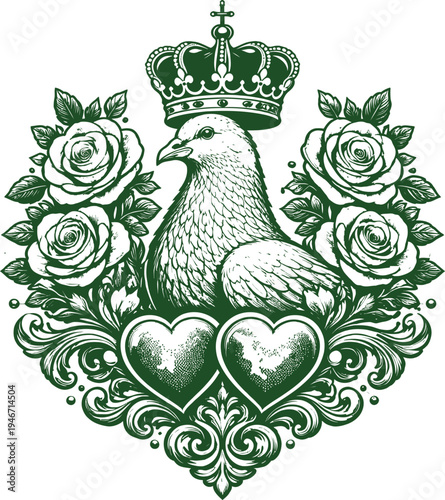 Royal Dove Crown Rose Twin Heart Baroque Love Crest