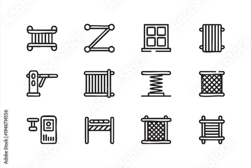 Construction scaffold structure line icon pack featuring scaffolding frames safety barriers structural supports and engineering elements for building industry graphics