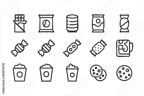 Snack and dessert food line icons featuring candy chocolate cookies popcorn soda and packaged sweets for menus vending snacks and retail graphics