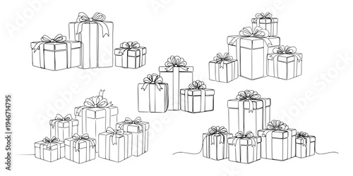 Groups of wrapped gift boxes with bows shown in line art style on a white background, expressing celebration and holiday joy