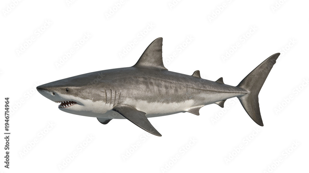 Fototapeta premium Great white shark swimming isolated on white background, full body side view