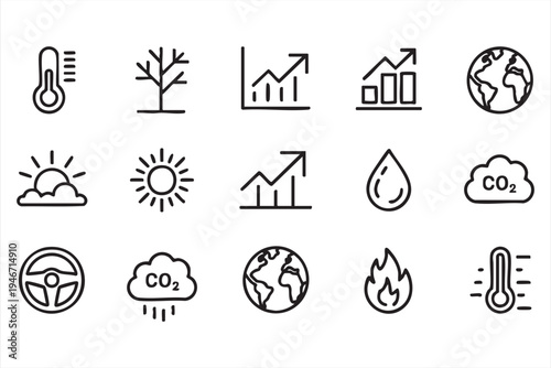 Global warming climate change icon pack with thermometer CO2 cloud earth drought sun water fire and environmental monitoring symbols