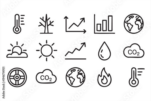 Environmental climate change line icons including thermometer CO2 emissions earth drought sun water fire and sustainability indicators for climate science graphics