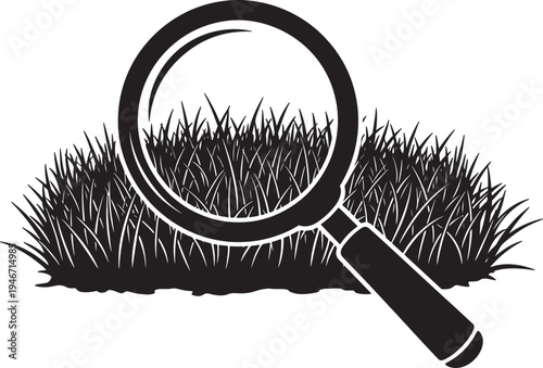Magnifying glass over grass symbolizing environmental research and detailed observation vector graphic