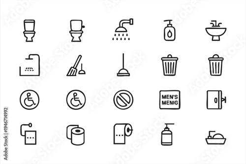 Bathroom restroom hygiene icon pack with toilet shower sink soap trash plunger cleaning tools accessibility symbols and sanitation equipment for restroom signage