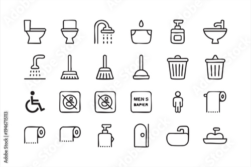 Restroom hygiene icon set including toilet shower sink soap trash plunger mop cleaning tools accessibility signage and sanitation equipment