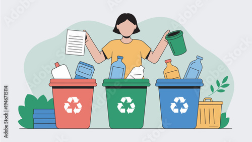 A cartoon woman sorts recyclable materials into colorful trash bins with recycling symbols.