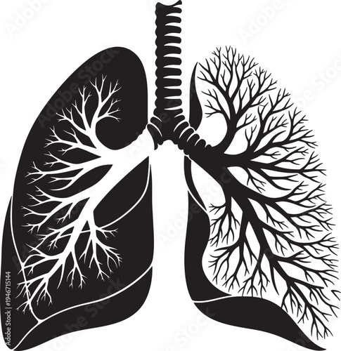 Black silhouette of human lungs and trachea with tree branches inside isolated on transparent background vector illustration