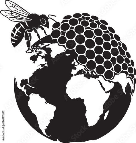 Black silhouette of bee and earth globe with spherical honeycomb pattern isolated on transparent background vector illustration