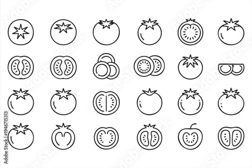 Tomato vegetable icon set including whole tomato slices cross section and wedges for fresh produce packaging healthy diet graphics and restaurant menu design