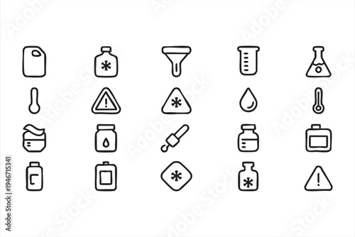 Laboratory science icon pack featuring chemical flasks beakers test tubes thermometer droplet pipette funnel and reagent bottles for chemistry research graphics