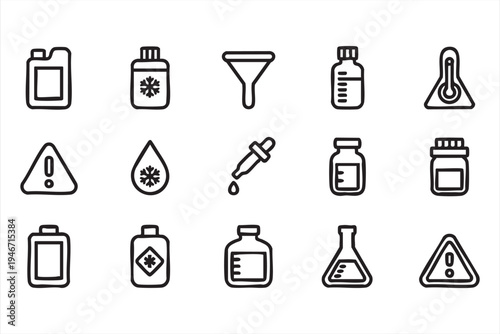 Chemistry laboratory line icon collection with flask beaker test tube thermometer droplet funnel and reagent bottles for scientific research and lab experiments
