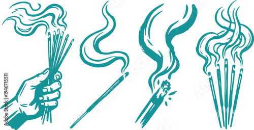 Hand Drawn Burning Incense Stick Set Vector Illustration, Incense Smoke Sketch Collection.