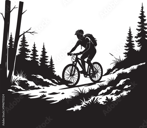 Mountain biker riding on forest trail silhouette during outdoor adventure sport activity surrounded by pine trees and rocky terrain in wilderness area