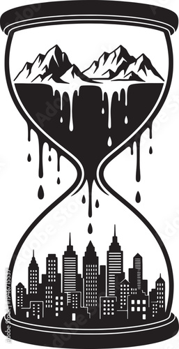 Hourglass silhouette concept with mountain range melting into city skyline representing environmental changes and time running out for urbanization