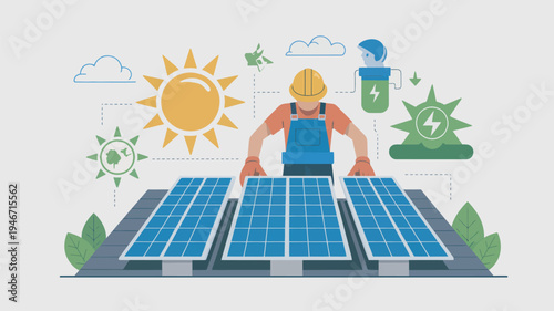 A worker installing solar panels on a roof with eco-friendly symbols around him.