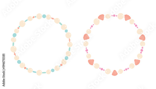 Beaded round frame vector illustration set. Pastel pearl, shell and bead borders isolated on white background. Decorative elegant feminine jewelry for card, invitation, poster in flat minimal style