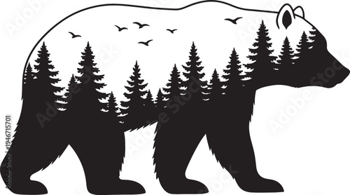 Bear silhouette with forest and birds inside black vector. vector illustration for wildlife, nature, wilderness, animal