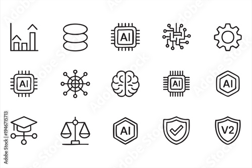 Artificial intelligence technology icon pack featuring AI chips neural networks brain automation analytics cybersecurity shields and machine learning symbols