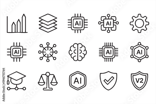 Artificial intelligence icon collection with AI processor neural network brain automation analytics data systems and cybersecurity graphics