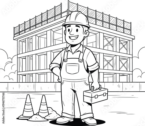 Construction worker standing in front of a building site with traffic cones