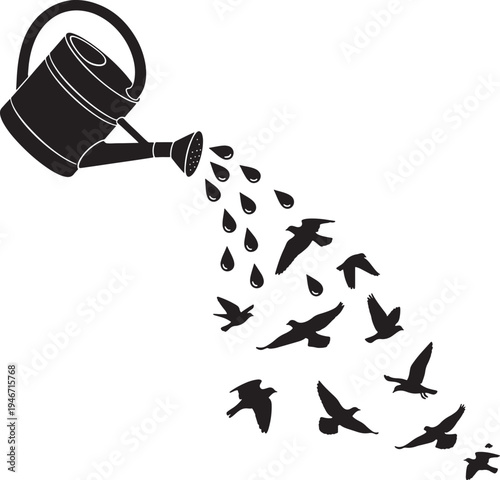 Watering can with water drops and flying birds black silhouette. vector illustration for nature, spring, garden, ecology concepts