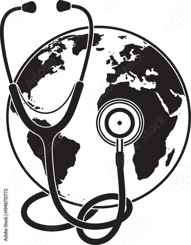 Stethoscope wrapped around planet earth black silhouette. vector illustration for global health, medical care, world disease