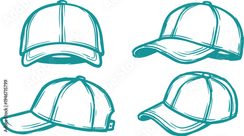 Hand Drawn Baseball Cap Set Vector Illustration, Sport Cap Hat Sketch Collection.