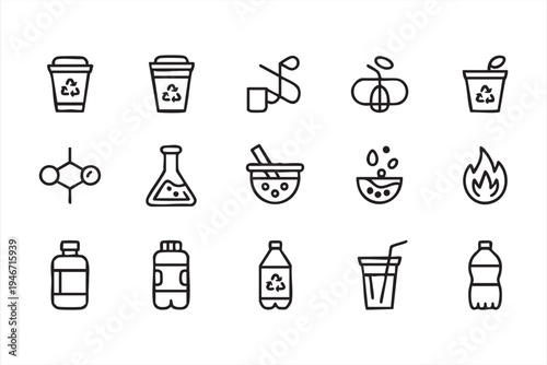 Sustainability recycling icon pack featuring plastic bottles recyclable containers beverage cups chemistry flask and environmental waste management symbols