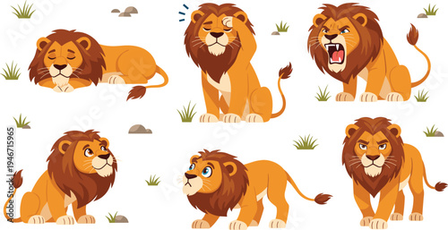 Cute cartoon lion character set with different emotions and poses, African savanna wildlife animal mascot vector illustration collection