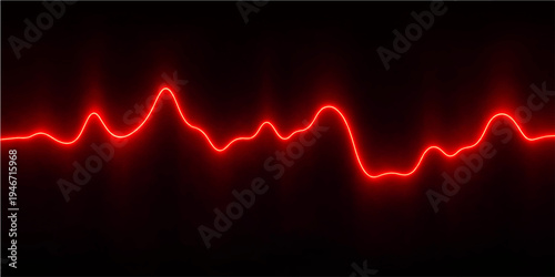 Abstract red wave and heartbeat pulse line on a black background forming a digital EKG cardiogram graph for medical technology and healthcare cardiology illustrations