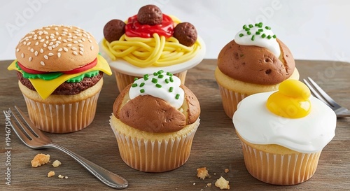 A creative arrangement of cupcakes designed to look like various foods on a wooden table