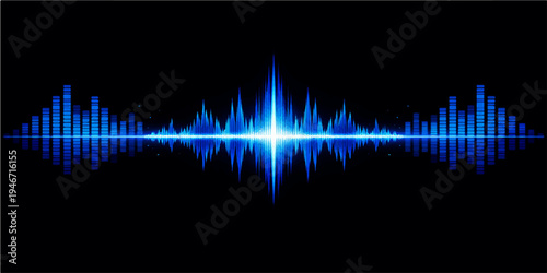 Abstract digital illustration of a blue electronic sound wave pulse and audio equalizer waveform frequency line on a black technology backdrop vector design