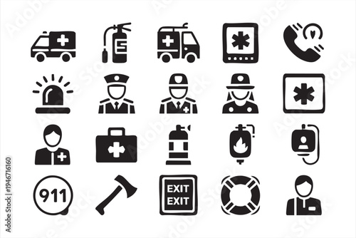 Emergency response icon collection with ambulance siren firefighter extinguisher police officer first aid kit emergency call and safety equipment symbols