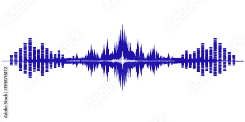 Abstract blue music background with digital equalizer sound waves and a vector technology cityscape waveform